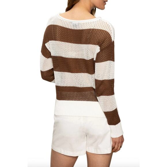 SANCTUARY Sweater Size L NEW Cotton Open Knit Brown Stripe Sweater - Picture 2 of 7